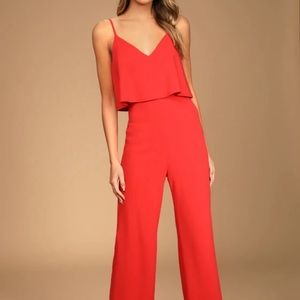 Lulus Make It a Date Coral Red Sleeveless Wide-Leg Jumpsuit